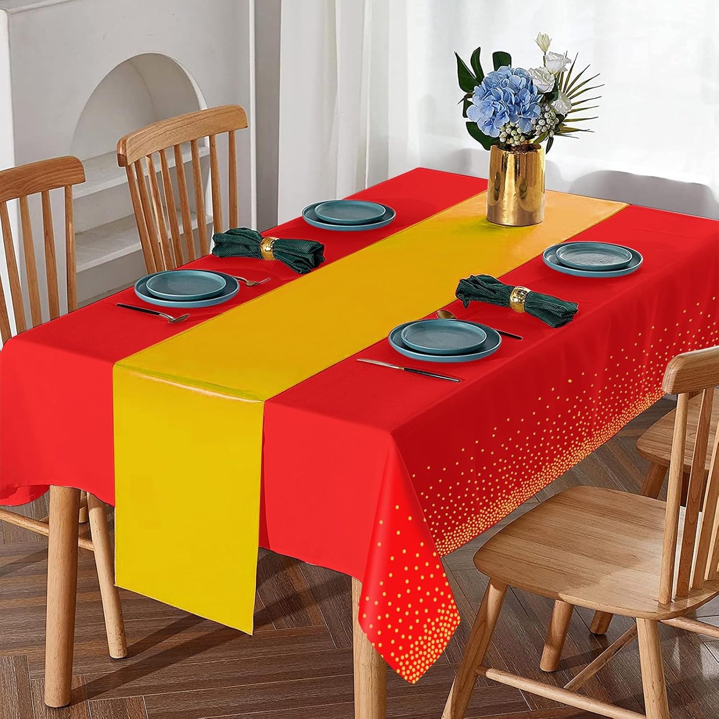 8Pack Disposable Plastic Party Tablecloths and Satin Table Runner Set Red and Gold Dot Table Cloth Gold Satin Table Runner for Wedding Birthday Baby Shower Anniversary Holiday Party Decorations