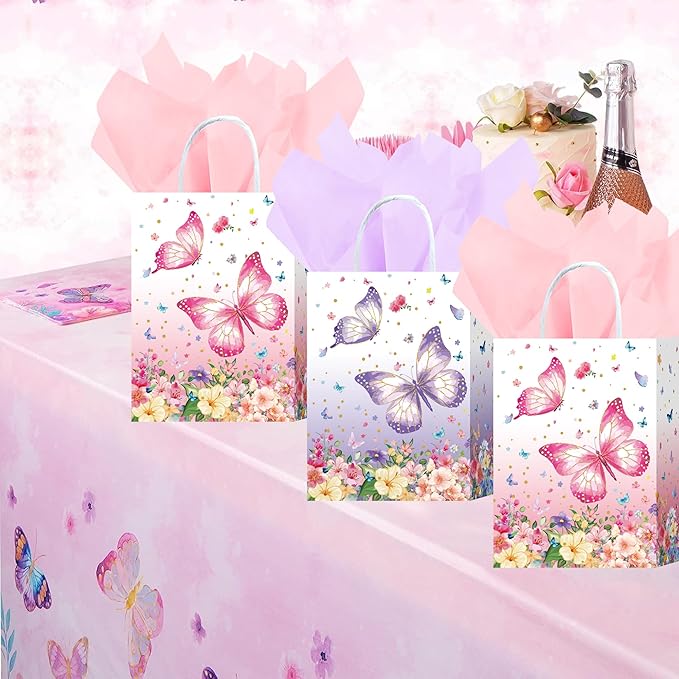 W WINTMING 16 Pcs Butterfly Gift Bags Butterfly Party Favor Bags with Tissue Paper Pink Purple Paper Goodie Bag Birthday Bag for for Wedding, Birthday, Party Supplies and Gift (Flower)
