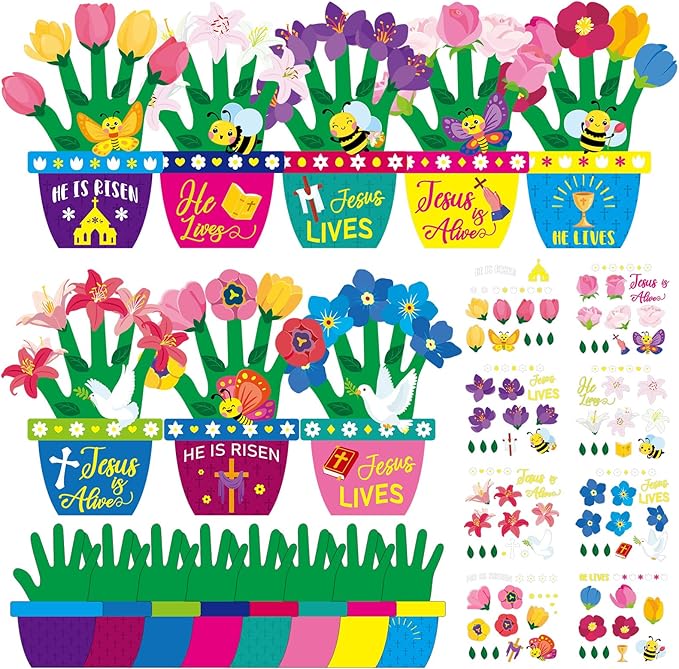 Frienda 48 Sets Easter Religious Crafts for Kids Easter He is Risen Christian Crafts DIY Hand-Print He is Risen Arts Kit for Sunday School Classroom Activities Party