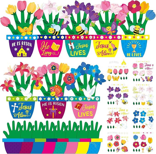 Frienda 48 Sets Easter Religious Crafts for Kids Easter He is Risen Christian Crafts DIY Hand-Print He is Risen Arts Kit for Sunday School Classroom Activities Party