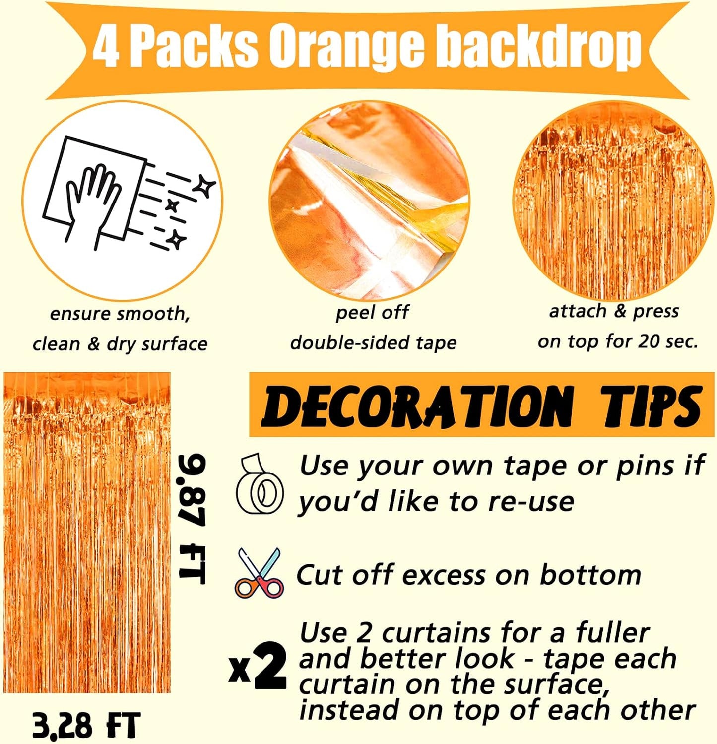 4 Pack Orange Fringe Curtain Backdrop, 3.2Ft x 9.8Ft Metallic Tinsel Foil Fringe Streamers Background for Photo Booth Birthday Wedding Baby Shower Carnival Easter Mother’s Day Party Decorations