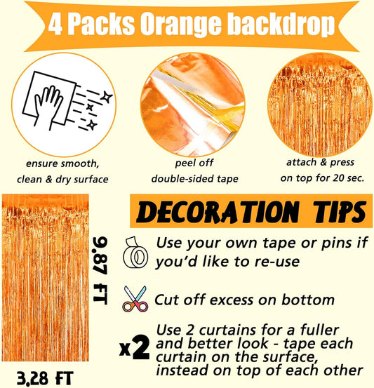 4 Pack Orange Fringe Curtain Backdrop, 3.2Ft x 9.8Ft Metallic Tinsel Foil Fringe Streamers Background for Photo Booth Birthday Wedding Baby Shower Carnival Easter Mother’s Day Party Decorations