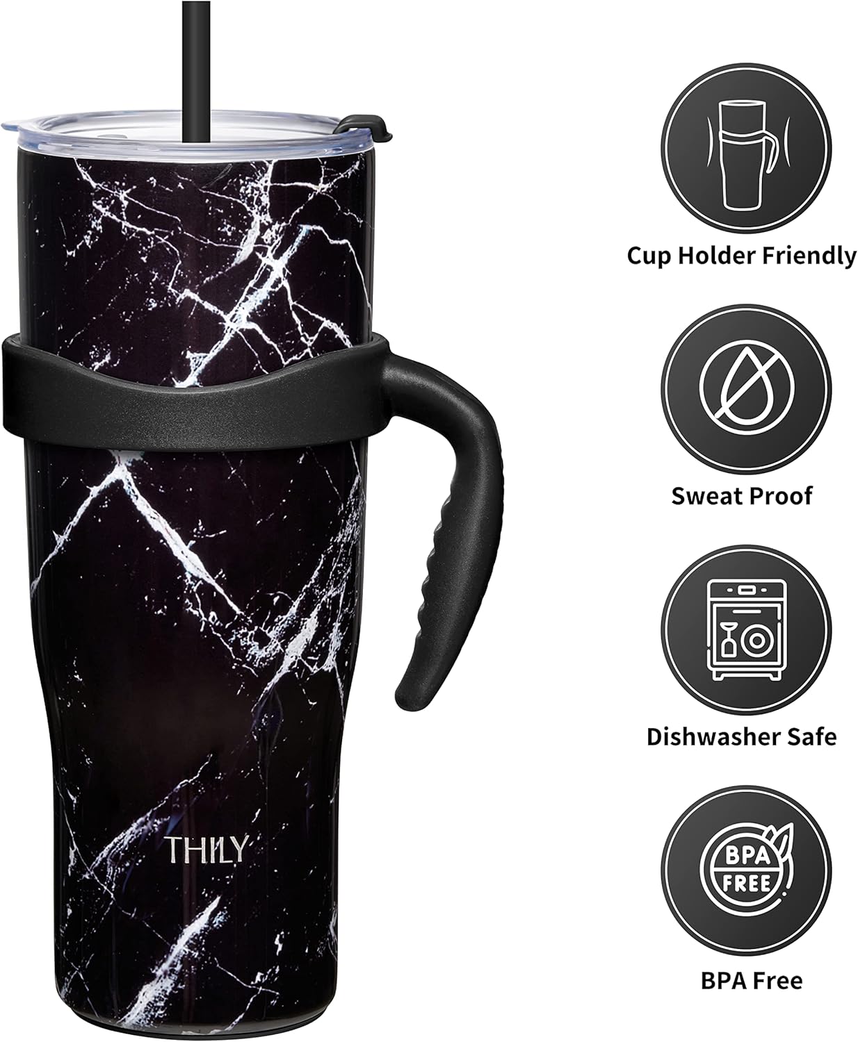 THILY Stainless Steel Vacuum Insulated Tumbler 40 oz Coffee Travel Mug with Handle and Lid, Reusable, Sweat Proof, Keep Drinks Cold for 34 Hours or Hot for 12 Hours, BPA Free, Black Marble