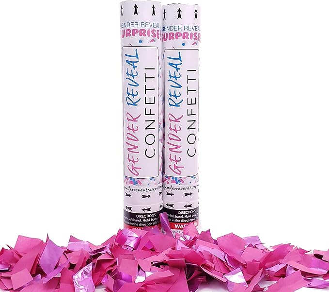 Gender Reveal Confetti Cannon Poppers(2 Pack - Pink) Gender Reveal Surprise - Colorful Confetti