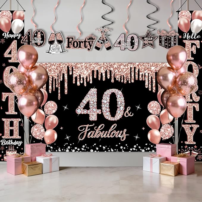 40th Birthday Decorations for Women, 38pcs Black Rose Gold Backdrop, Honeycomb Centerpieces, Banner, Hanging Swirls, Porch Banner, Balloons, Sash, Crown for 40 Years Old Birthday Decorations