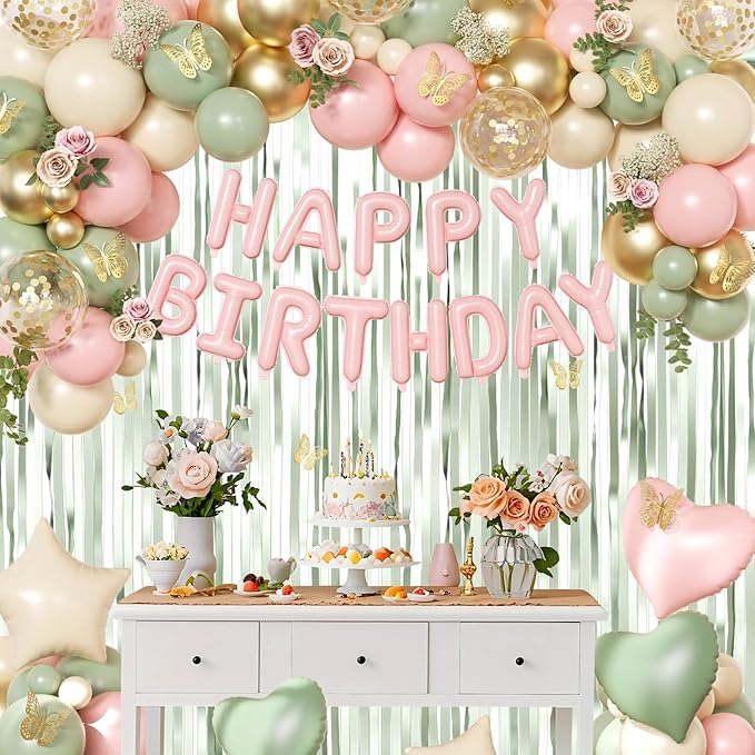 Pink and Green Birthday Decorations for Women Girls, Sage Green Pink Sand White Gold Foil Confetti Balloons Happy birthday Banner Gold Butterfly Fringe Curtains Birthday Decorations