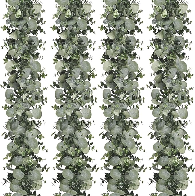Dolicer 4 Packs 6FT Artificial Eucalyptus Garland, Faux Greenery Garland Hanging Fake Silver Dollar Eucalyptus Leaves Vines for Wedding Backdrop Arch Table Wall Party Home Decor