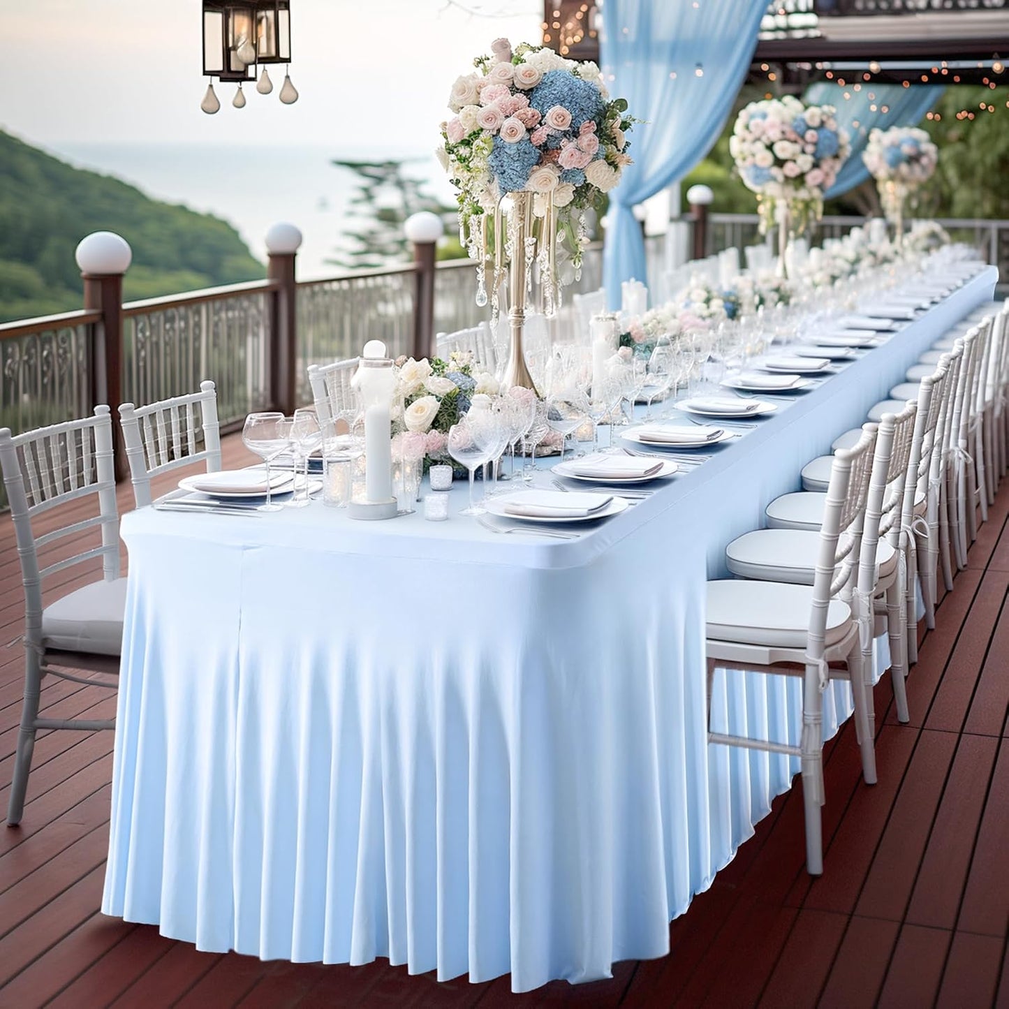 PARTISKY Blue Spandex Tablecloth for 8ft Rectangle Tables, Stretchable Table Cover Skirt for Folding Tables Weddings Parties Banquets Events Trade Shows and Dessert Table