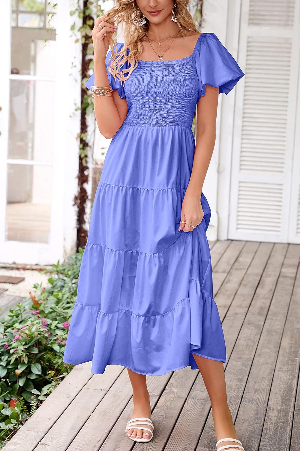 PRETTYGARDEN Women's Casual Summer Midi Dress Puffy Short Sleeve Square Neck Smocked Tiered Ruffle Dresses