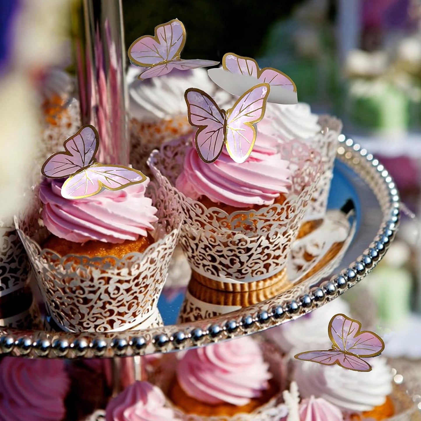 Colorful Butterfly Cake Decorations Set - 1 Large Happy Birthday Cake Topper & 20 Bronzing Striped Purple-Pink Butterfly Cupcake Toppers - Perfect for Girls Women Birthday Celebration