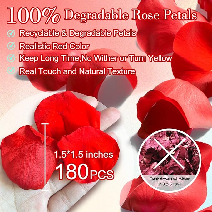 180+PCS Real Red Rose Petals Confetti for Romantic Night, 1.75oz Freeze Dried Preserved Flower Petals for Wedding Aisle, Proposal, Anniversary, DIY Crafts, Table Scatter & Party Decor