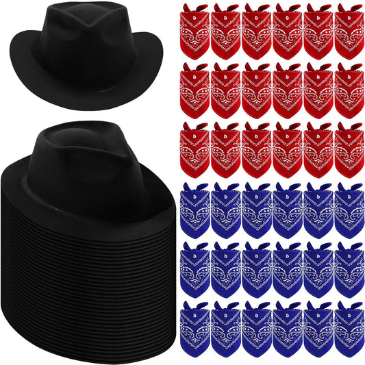 Hillban 72 Pcs Western Cowboy Hat and Paisley Bandana Set for Kids Felt Cowboy Party Hats for Costume Party Favors(Black)