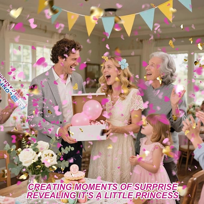 2 Pack Gender Reveal Confetti Cannon, 12 in Pink Round shaped Paper Party Poppers Cannons, Confetti Poppers For Baby Girl Gender Reveal Baby Showers (Heart, Pink)