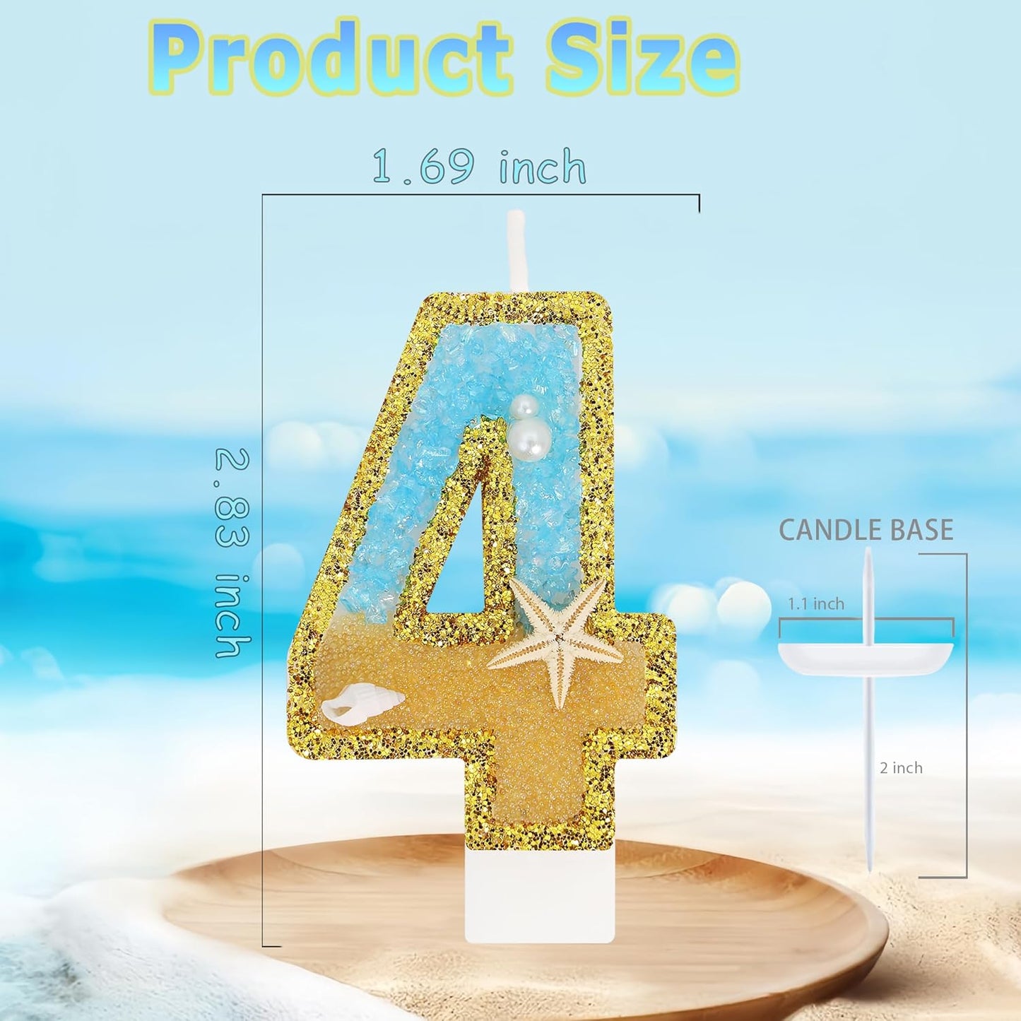 Ocean Number 4 Candle, Glitter Gold Beach Starfish Cake Topper, Tropical Ocean Princess Birthday Decorations for Party Supplies Wedding Anniversaries