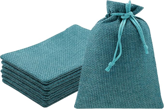 Mandala Crafts 8X10 Inch Teal Burlap Drawstring Gift Bags for Favors - 20 Large Linen Sacks Gift Pouches for Candy, Coffee, Jewelry, Wedding, and Party Supplies