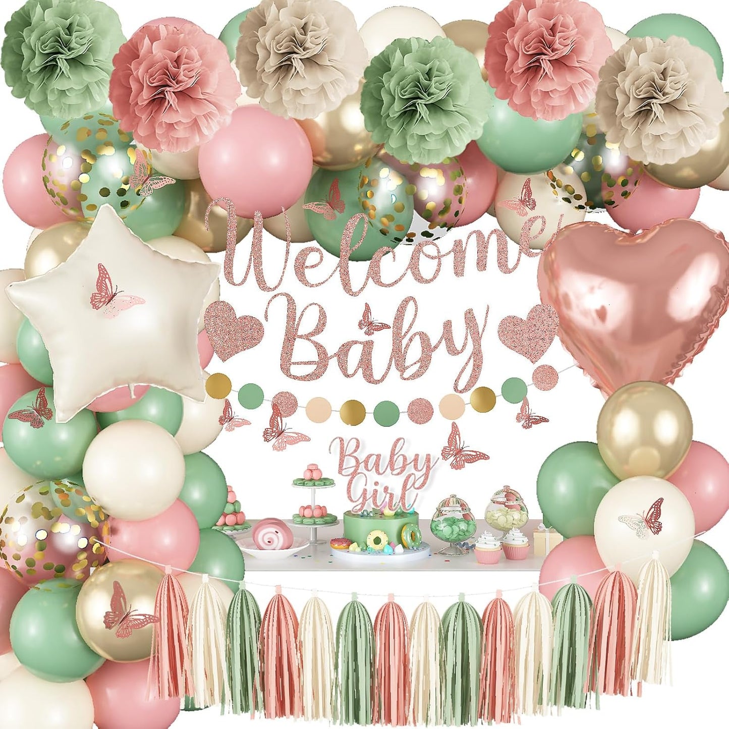 Baby in Bloom Baby Shower Decorations, Sage Green Dusty Blush Pink Gold Sand White Latex Confetti Balloons with Banner Cake Topper Pom Poms Tassel for Girls Boho Fairy Floral Birthday Party Decoration