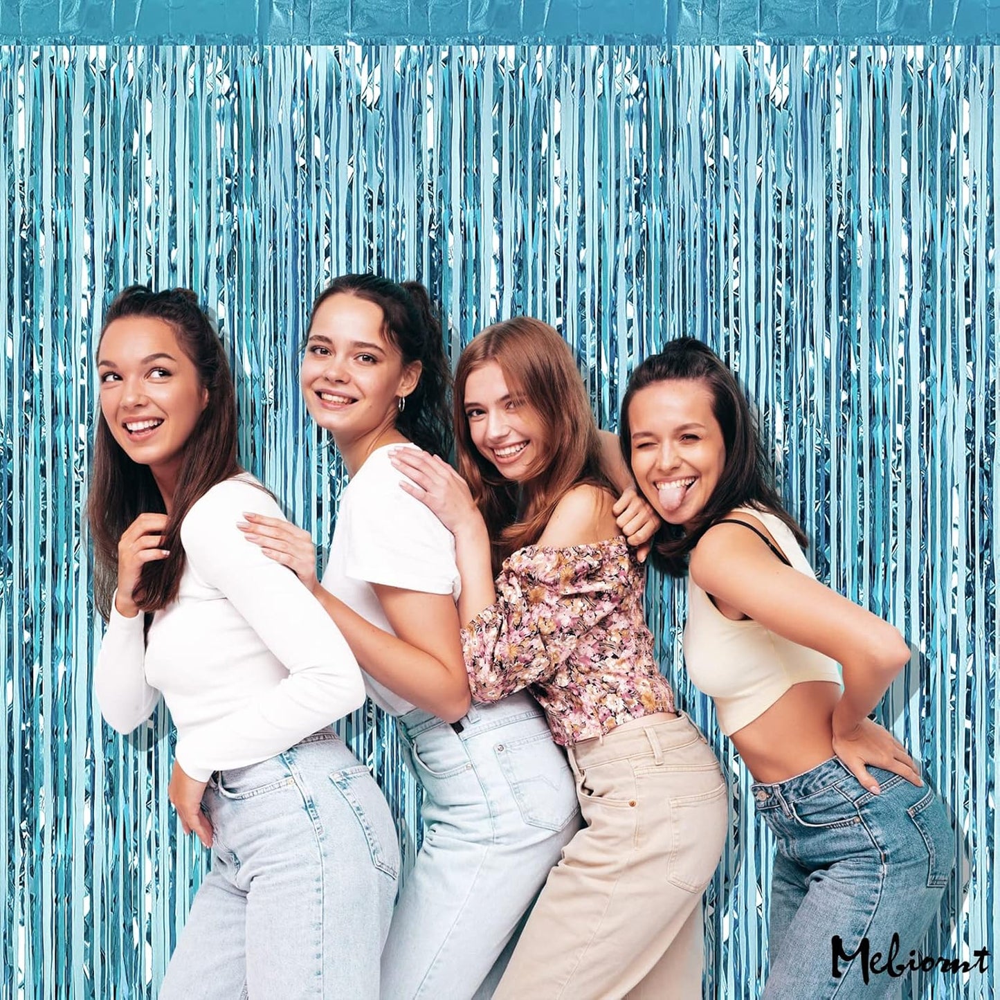 4 Pack Fringe Curtain Backdrop, 3.2Ft x 9.8Ft Light Blue Metallic Tinsel Foil Fringe Streamers Background for Photo Booth Birthday Wedding Baby Shower Easter Pool Ocean Underwater Party Decorations