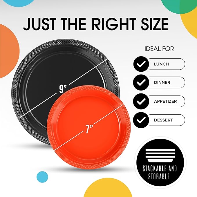 Party Solids Black & Orange Plastic Plates For Party Supplies, Black & Orange Disposable Plates 100 Pcs - 50-7" & 50-9" Heavy Duty 350 GSM Disposable Dinnerware Sets, Plastic Dinnerware Sets