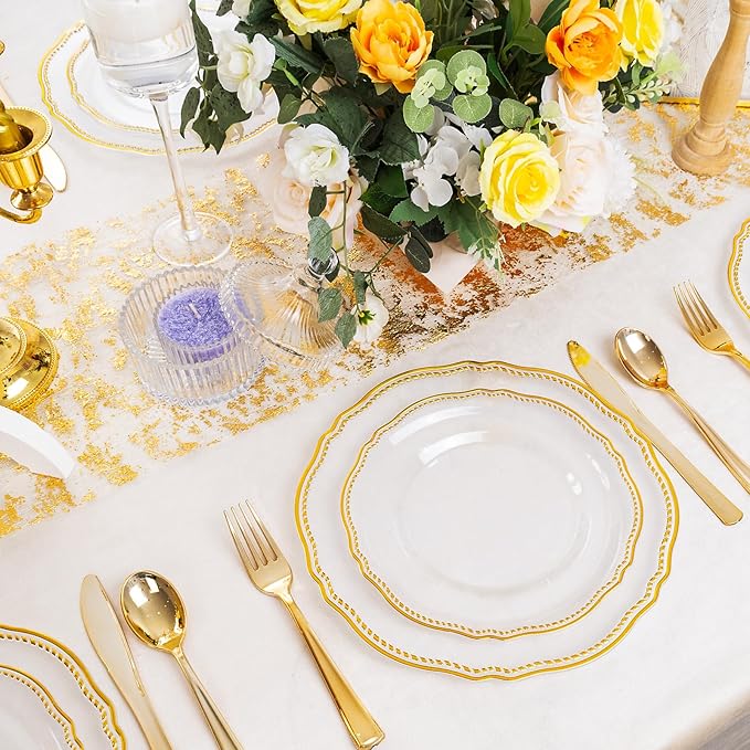Hioasis 60pcs Clear Plastic Plates - Clear and Gold Disposable Dinnerware with Gold Rim, Heavy-duty, 10.25 inch, Dinner Plates for Party & Wedding