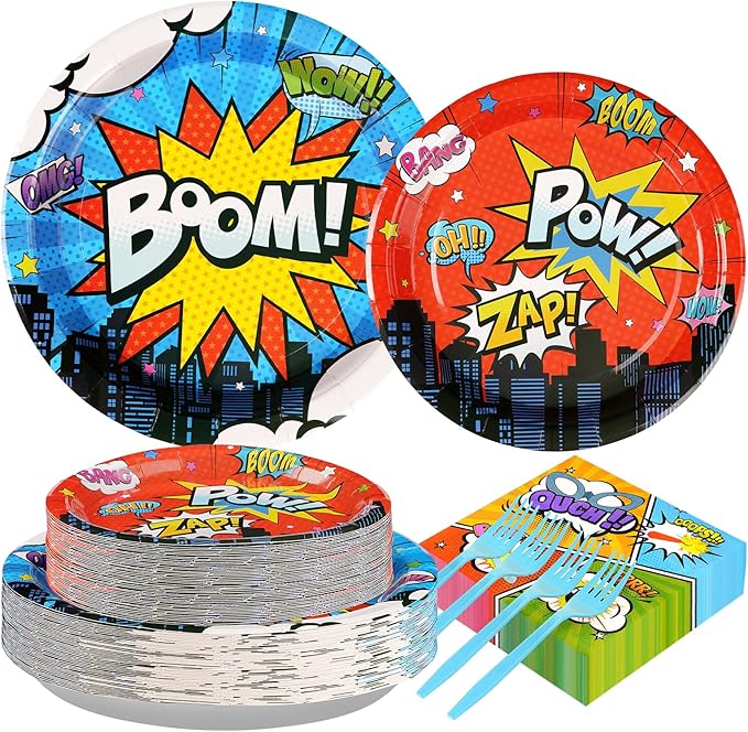 Grencian 200Pcs Super Theme Hero Party Decorations Colorful Super Theme Hero Plates and Napkins Disposable Heros Action Paper Tableware Set for Boys Birthday Baby Shower Party Supplies, Serves 50