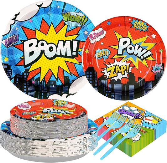 Grencian 200Pcs Super Theme Hero Party Decorations Colorful Super Theme Hero Plates and Napkins Disposable Heros Action Paper Tableware Set for Boys Birthday Baby Shower Party Supplies, Serves 50