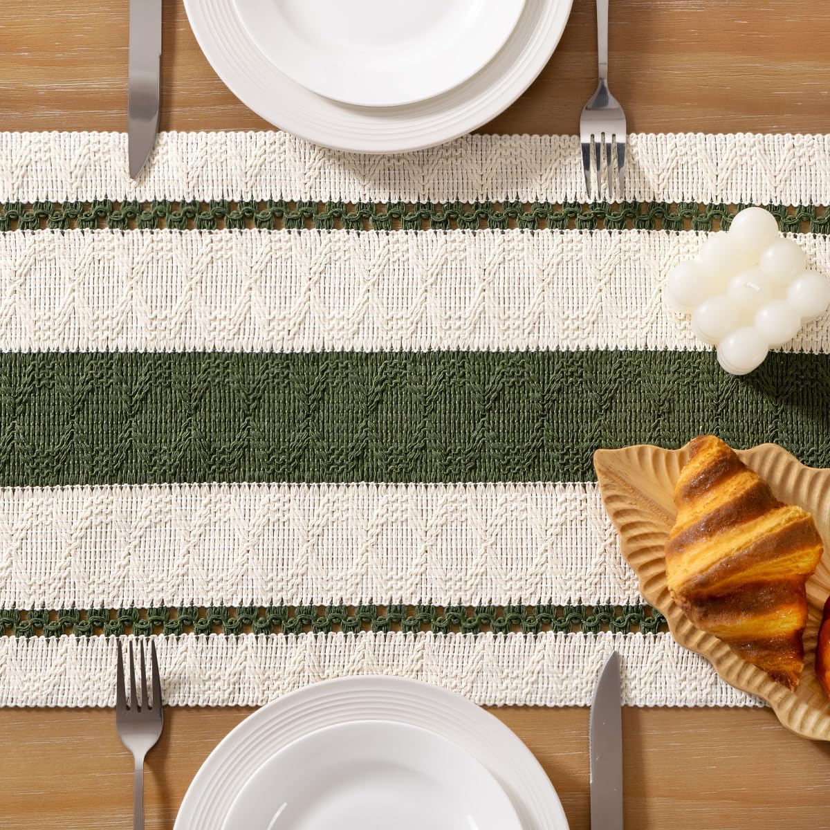 Socomi Boho Table Runner Fall Thanksgiving Farmhouse Rustic Dining Kitchen Centerpiece Decor Small Macrame Woven Cotton Linen Coffee Table Runner for Dresser Scarf Home Decor 12x108 inch Olive Green