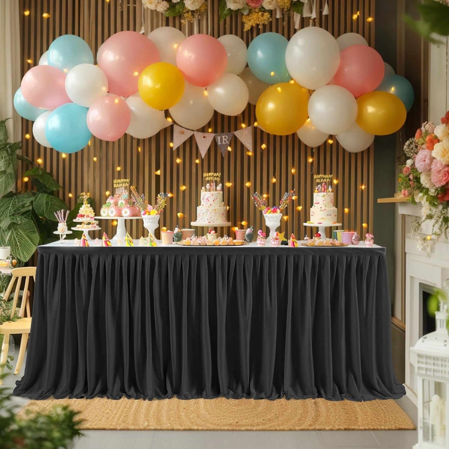 Black Table Skirts for Rectangle Tables - 6ft Polyester Tablecloth Skirt with Ruffle for Birthday Party, Banquet, Wedding, Bridal Shower Decorations
