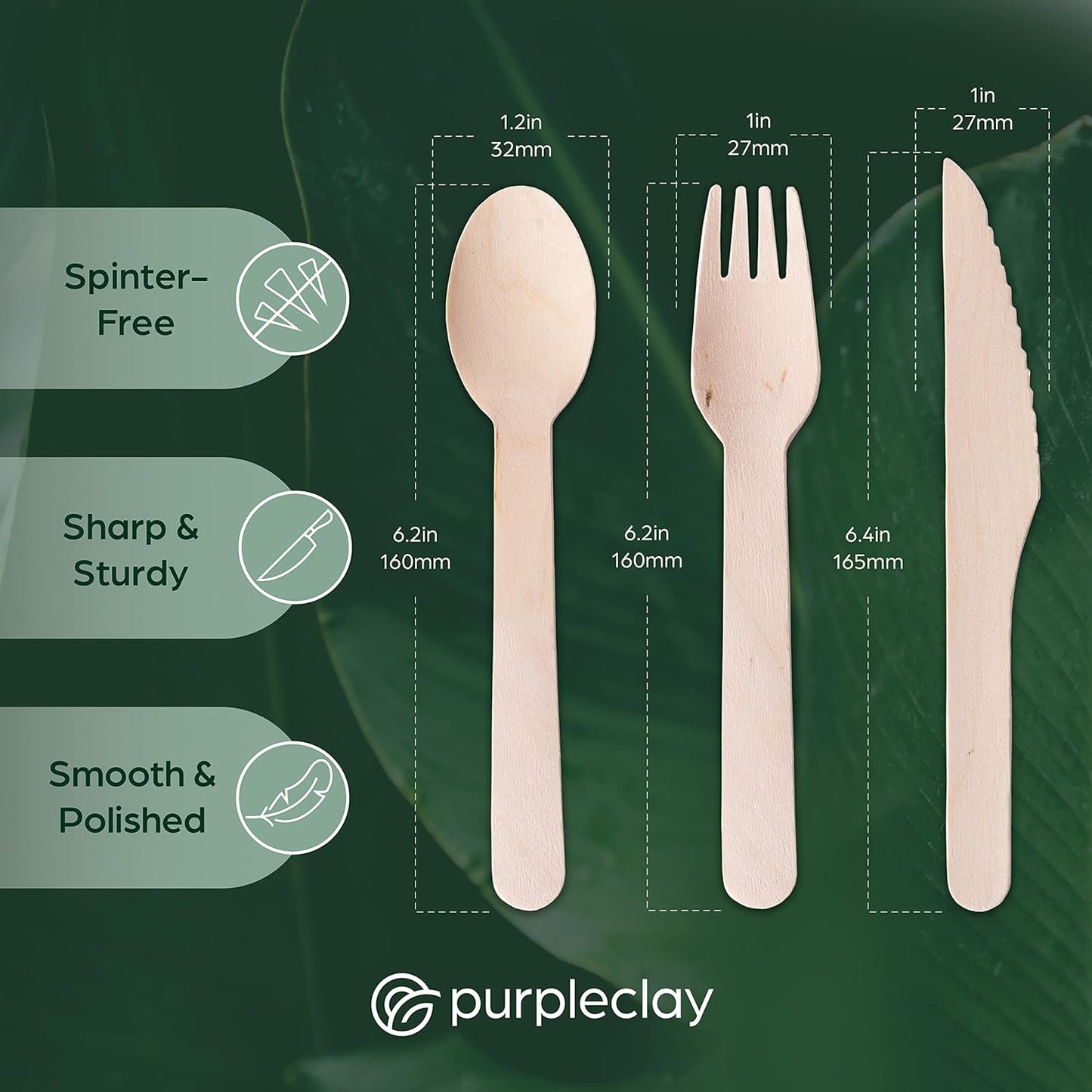 PURPLECLAY Disposable Wooden Utensils 300 PCS (100 Sets) Cutlery Wrapped with Fork, Spoon, Knife, Napkin