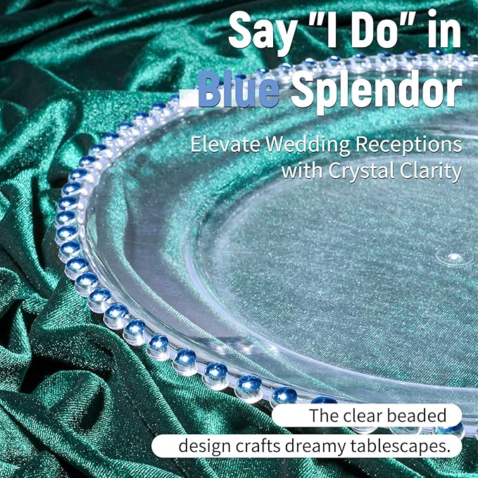 12 Pack Clear Charger Plates Bulk Wedding, 13 Inch Plastic Round Dinner Chargers with Blue Beaded Rim, Acrylic Round Decorative Plates for Wedding Party Home and Tabletop Decor (Blue)