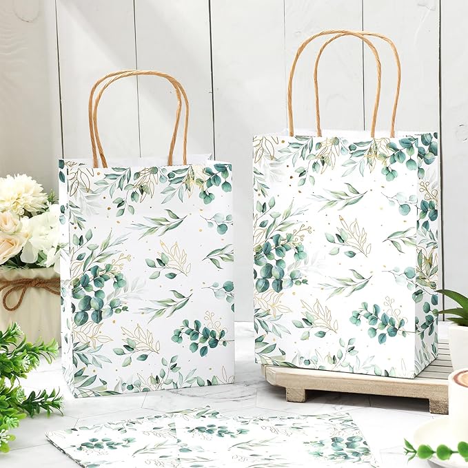 JarThenaAMCS 24Pcs Greenery Kraft Paper Gift Bags Green Gold Eucalyptus Leaves Treat Bags with Handles Candy Goodie Bag for Birthday Wedding Baby Shower Party Supplies