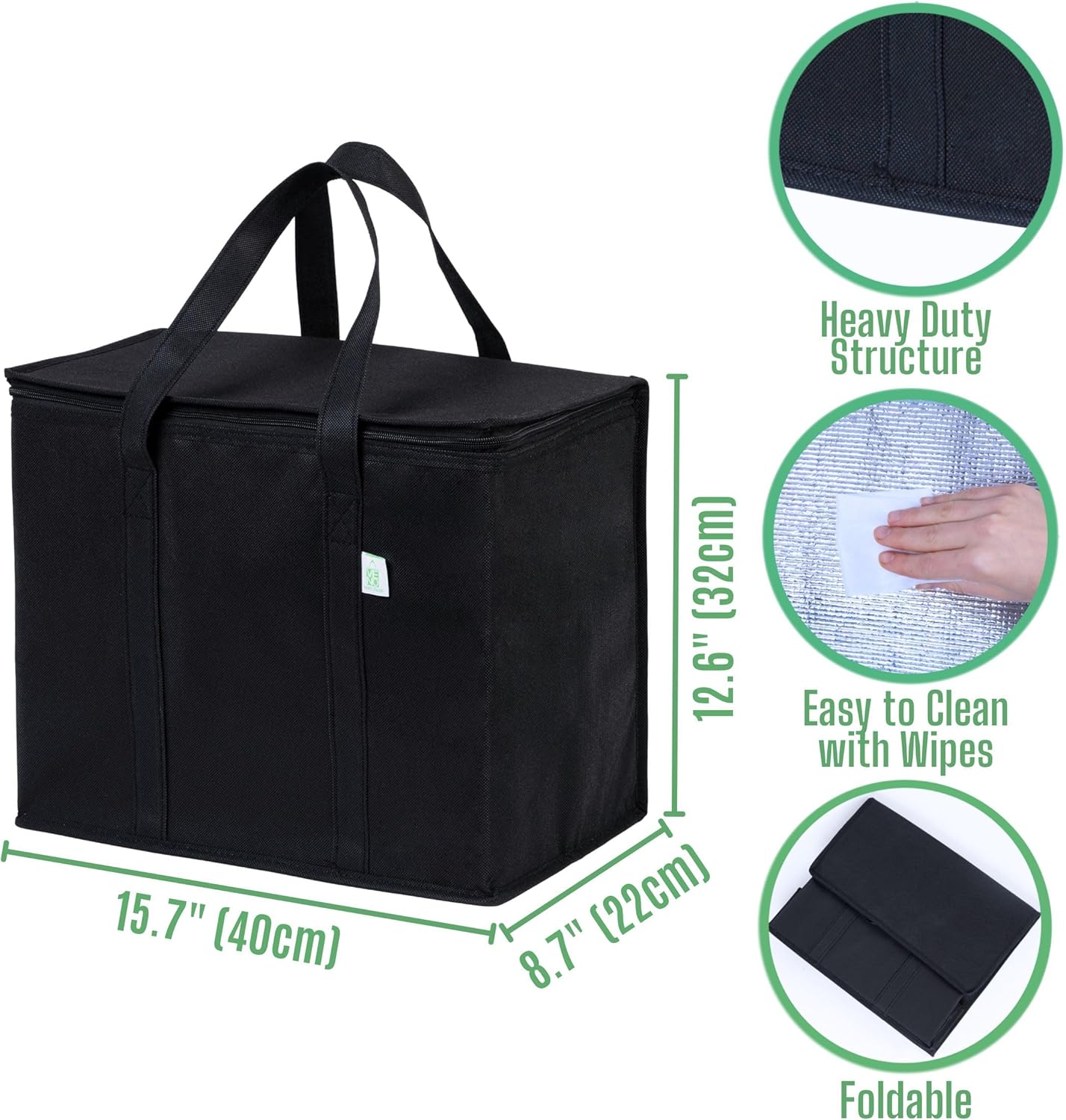VENO 3 Pack Insulated Reusable Grocery Shopping Bag, Food Delivery, Cooler Bag, Heavy Duty, Large Size, Durable Handles, Dual Tab Zips, Lid, Stands Upright, Collapsible, Sustainable (Black, 3 Pack)