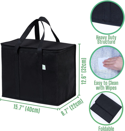 VENO 3 Pack Insulated Reusable Grocery Shopping Bag, Food Delivery, Cooler Bag, Heavy Duty, Large Size, Durable Handles, Dual Tab Zips, Lid, Stands Upright, Collapsible, Sustainable (Black, 3 Pack)