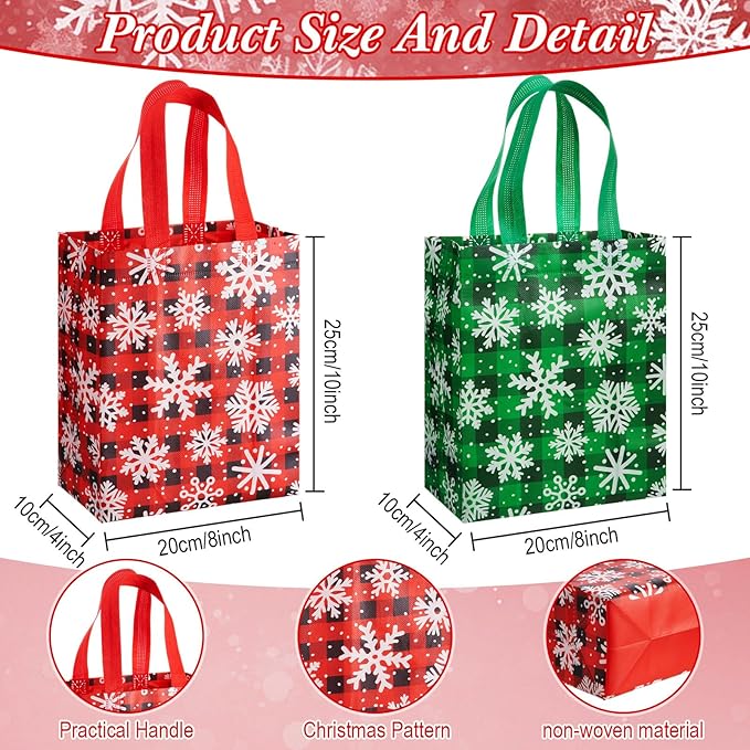 Wovnet 30 Pcs Christmas Bags Bulk Snowflake Plaid Winter Merchandise Gift Bags with Handles Reusable Non Woven Tote Shopping Goodie Pouch for Xmas Party Favors 10 x 8 x 4in