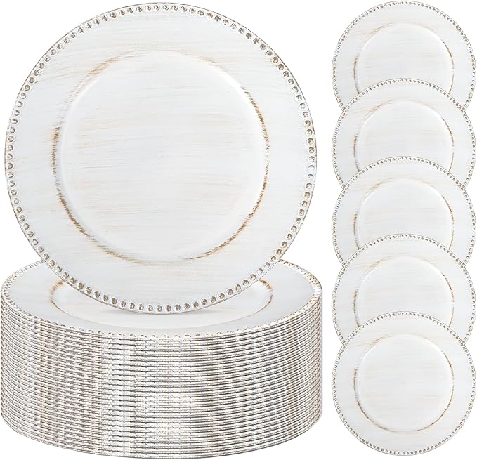 24 Pcs Vintage White Charger Plates Bulk, 13" Round Beaded Plate, Decorative Dinner Plastic Table Chargers for Wedding, Holiday Party, Baby Shower, Event Decoration