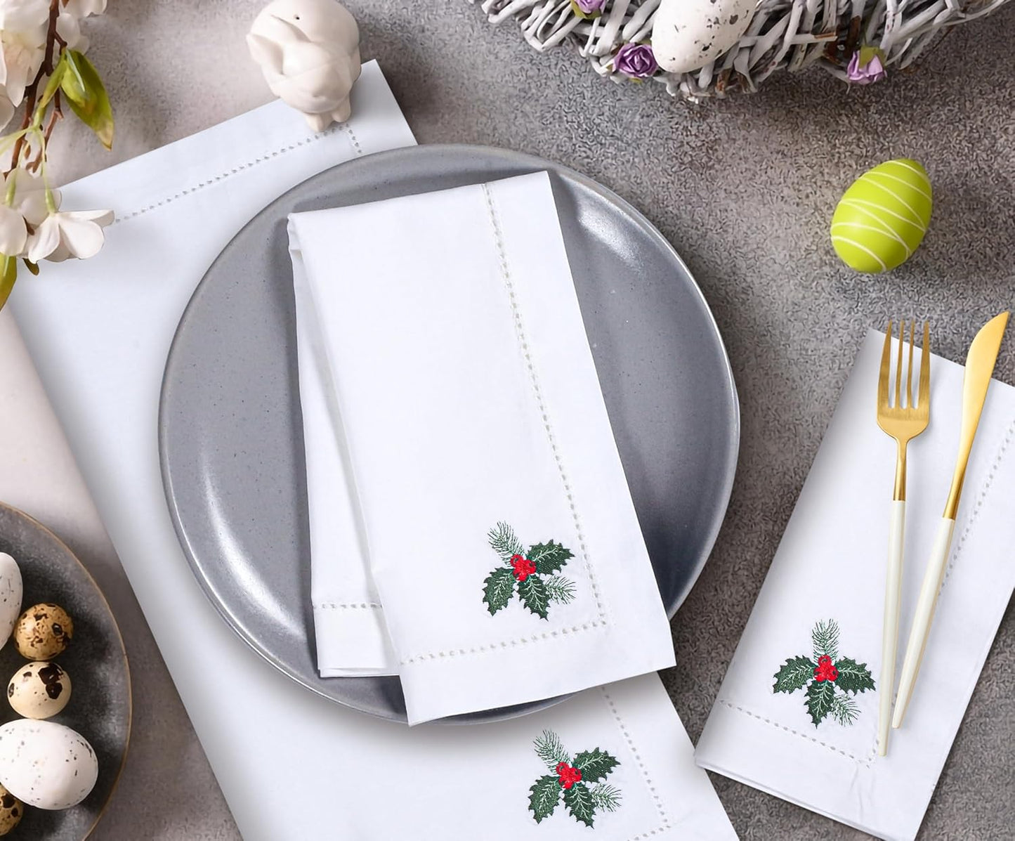 Homidate Cotton Cloth Dinner Napkins Set of 12 – 18x18 White with Green & Red Embroidery – Machine Washable Elegant Fabric Napkins for Weddings, Parties & Events
