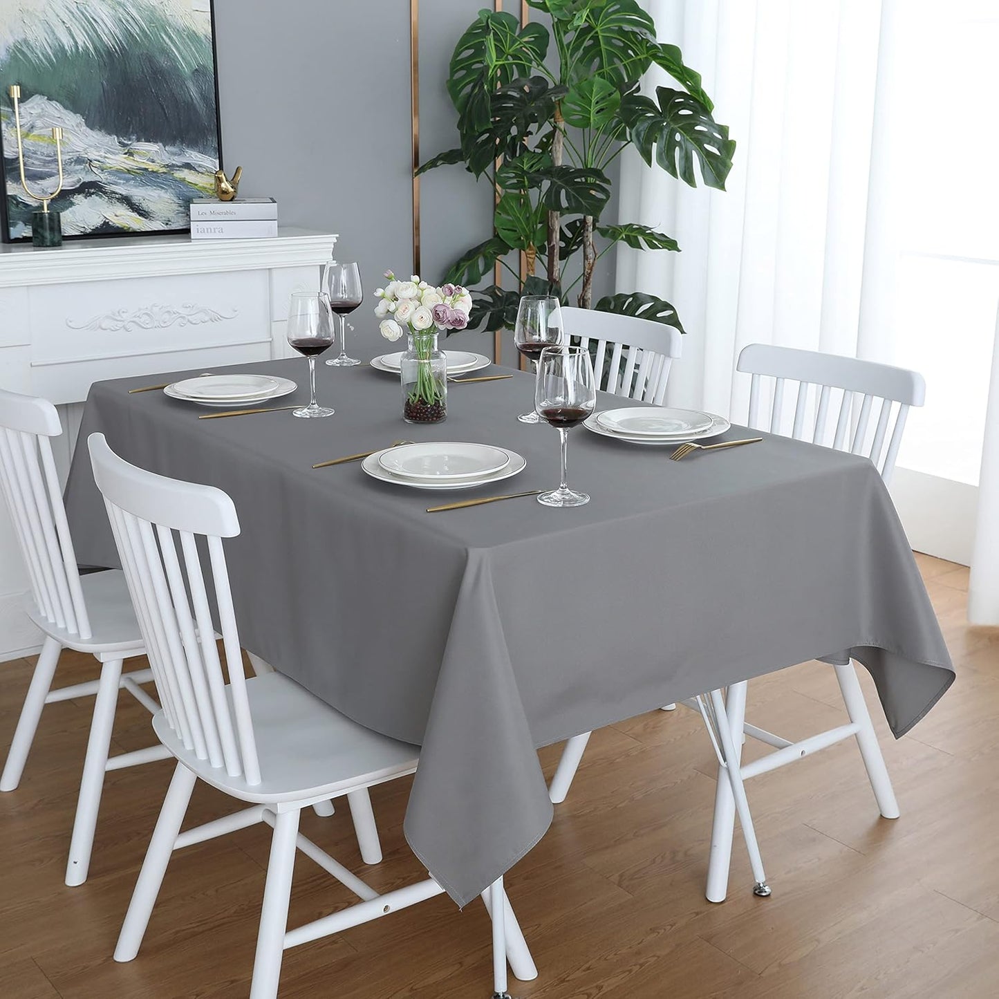 FOLINS&HOME Light Grey Rectangle Tablecloth 60 x 84 Wrinkle Free Waterproof Polyester Table Cloths, Spillproof Heavy Duty and Washable Table Cover for Party, Indoor and Outdoor-Oblong/Rectangular