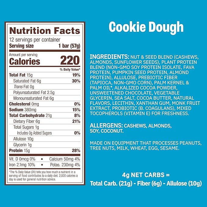 Munk Pack Cookie Dough Probiotic Keto Protein Bars Stocking Stuffers | 15g Protein, 1g Sugar, 4g Net Carbs | Plant-Based, Low Sugar, Gut Health Snacks, Gluten-Free, Non-GMO | 12 Count