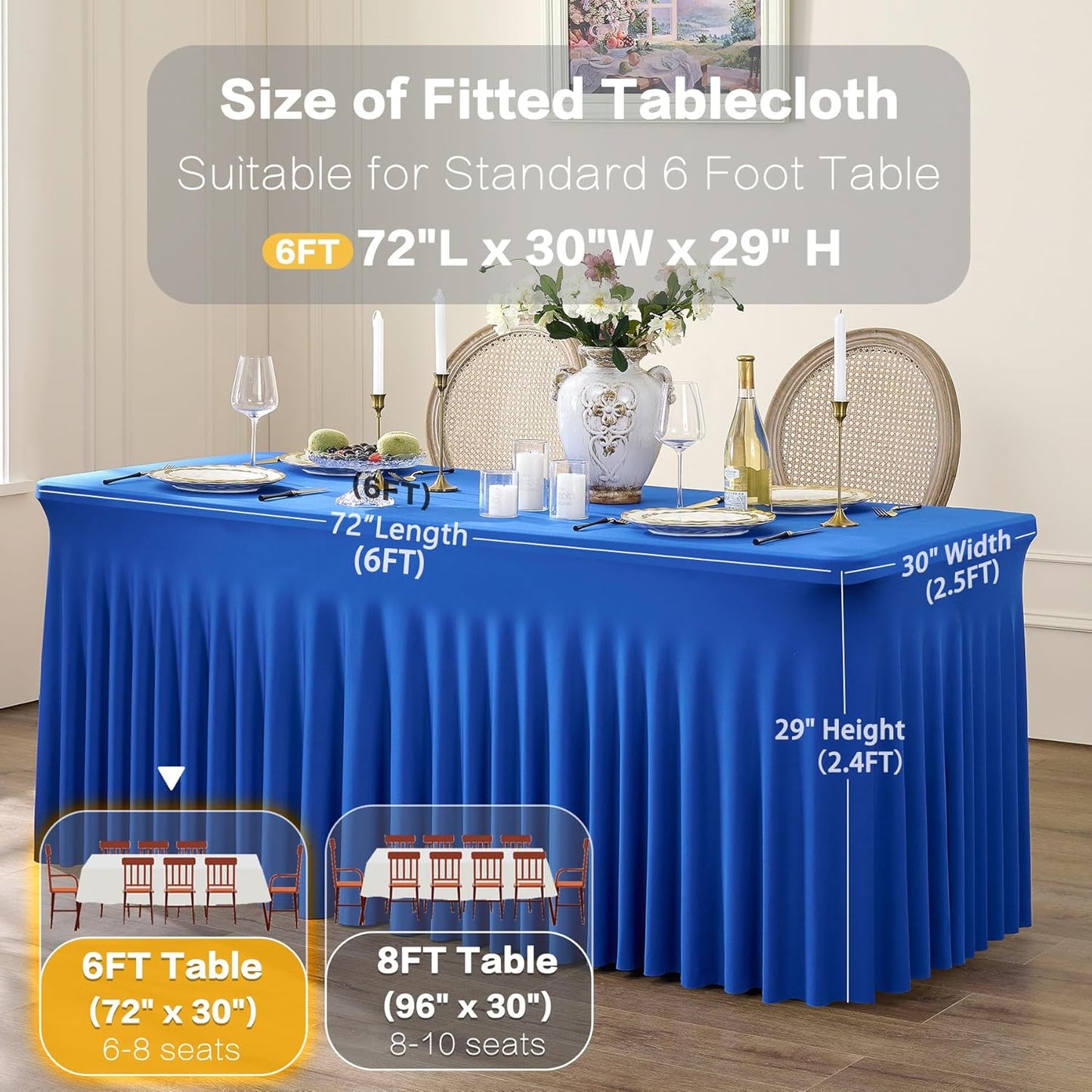 3 Packs Royal Blue Spandex Tablecloths for 6 Foot Rectangle Tables, Stretchy Fitted 6FT Royal Blue Table Skirt for Wedding Party, Wrinkle Free Tablecloths for Banquet Wedding Birthday Party