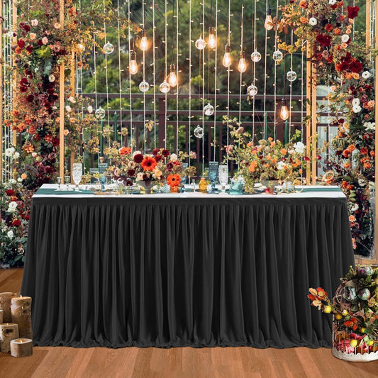 9ft Black Table Skirts for Rectangle Tables Polyester Table Skirt Desk Skirts Ruffle Tablecloth Skirt for Birthday Party Banquet Black Theme Party Wedding Bridal Shower Table Decorations