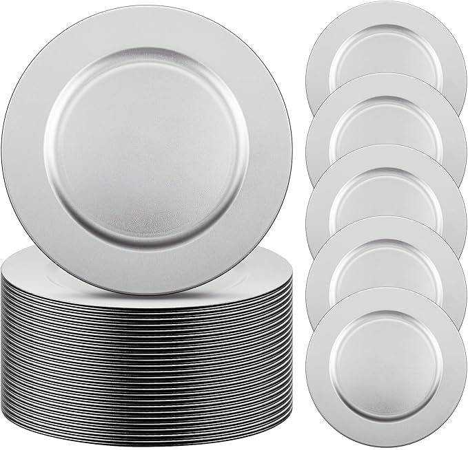 Tanlade 50 Pcs 13 Inch Charger Plates Bulk Round Wedding Chargers Plastic Dinner Plates for Table Setting Wedding Party Decoration (Silver White)