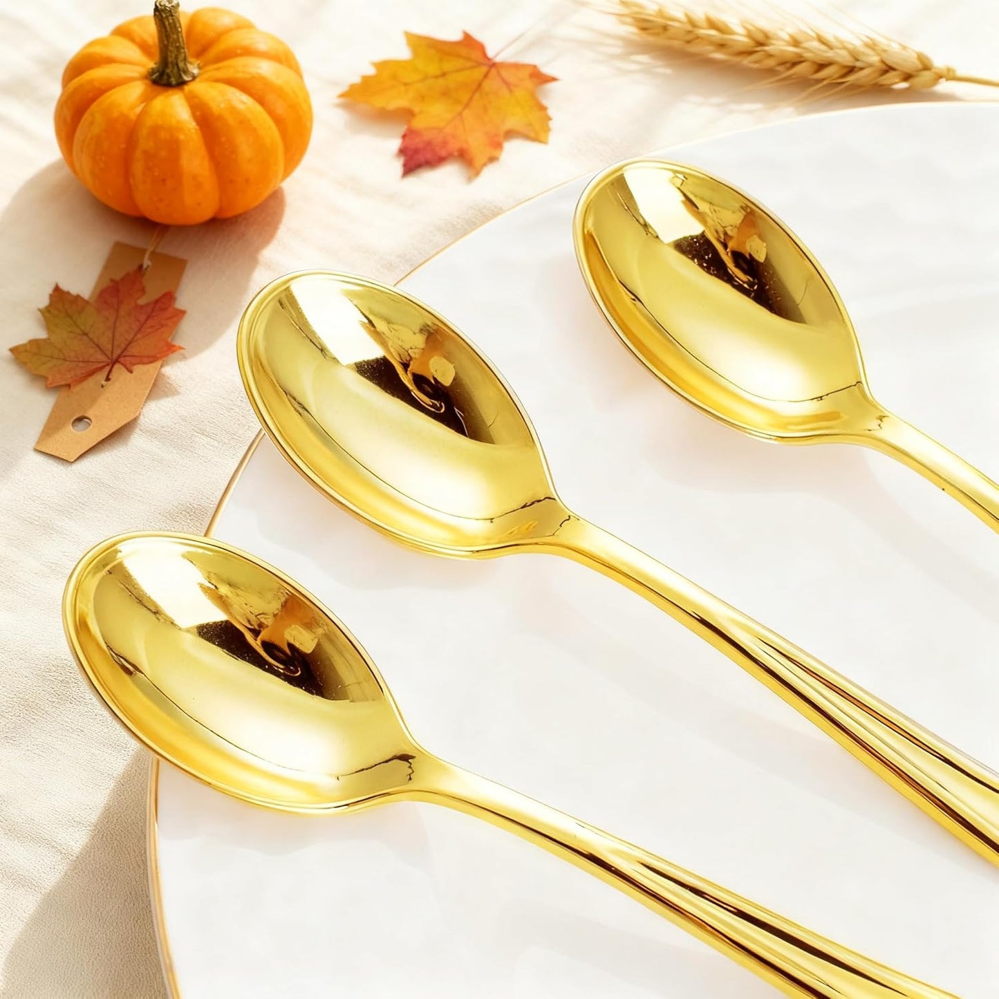 WDF 100 Pack Gold Plastic Spoons Disposable - Durable Heavy Duty 6.9 Inch Gold Spoons, Heat Resistant Modern Disposable Spoons Perfect for Thanksgiving Parties, Wedding, Banquets