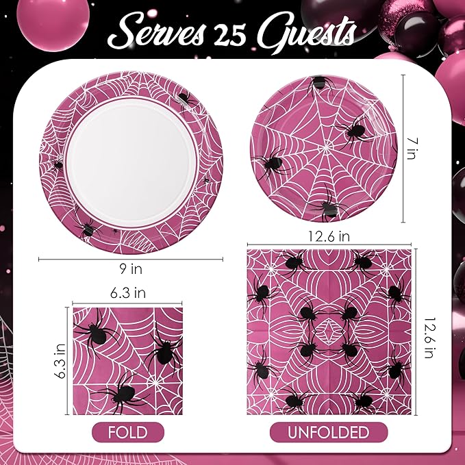 75pcs Spider Party Supplies, 25 Guest Disposable Pink Paper Plates & Napkins, Tableware Decorations Favors, Including 9" & 7" Plates & Napkins for Halloween, Birthday, Parties, and Everyday Use