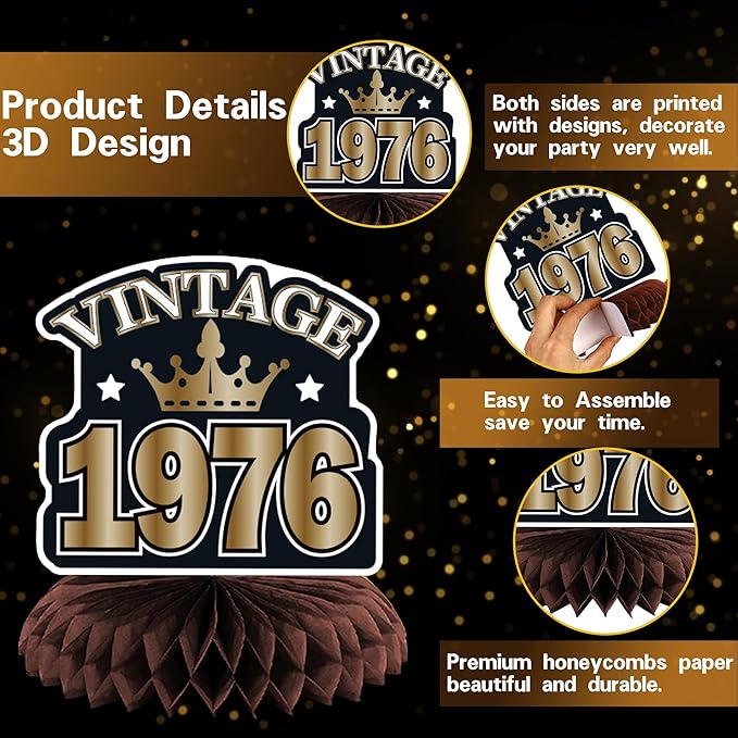 DARUNAXY 50th Birthday Party Decorations for Men Women, Vintage Back in 1976 Banner, Black 50 Number Balloons & Cake Topper, Vintage 1976 50 Birthday Honeycomb Hanging Swirl Confetti Balloons(30PC)