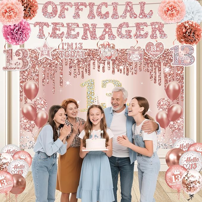 13th Birthday Decorations for Girls – 53pcs Official Teenager Decorations Backdrop, Banner, Honeycomb Centerpieces, Hanging Swirls, Foil & Latex Balloon, Cake & Cupcake Toppers, Sash, Pom Poms