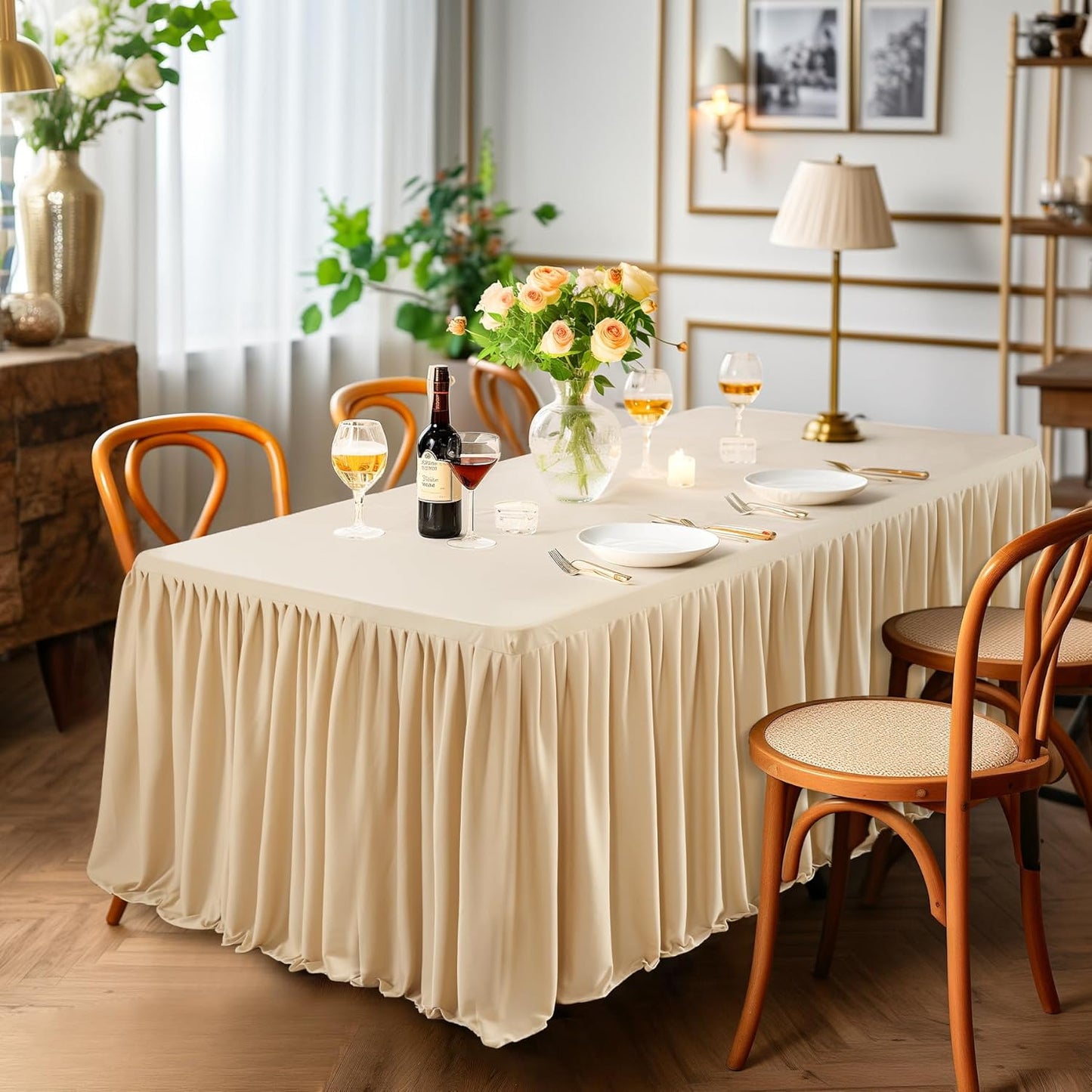 Champagne Polyester Table Skirt for Rectangle Tables 6ft, Wrinkle Free Pleated Ruffle Fitted Table Cover 6ft Stretch Tablecloths with Skirt for Parties Weddings Birthday Banquet Baby Shower