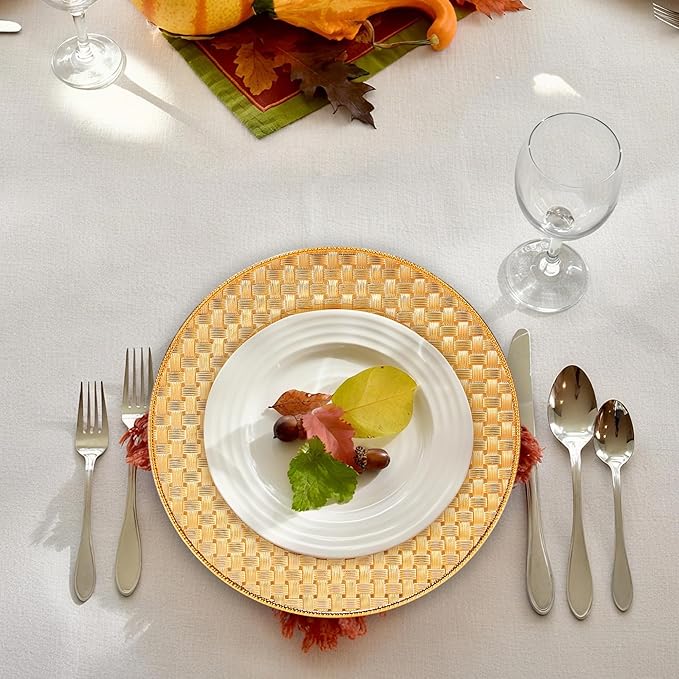 12 Pack Reusable Gold Charger Plates, 13 Inch Round Plastic Dinner Chargers, Decorative Centerpiece Plates for Home Decor, Thanksgiving, Christmas (Checkered Gold, 12 PCS)