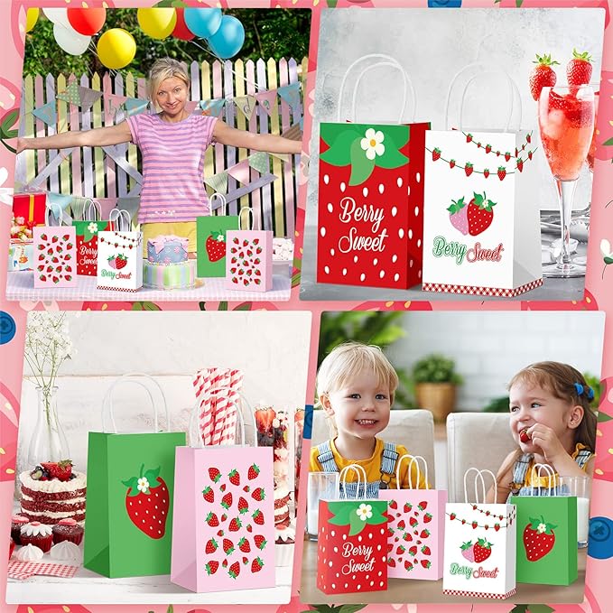Outus 24 Pcs Strawberry Party Favor Bags Summer Strawberry Gift Bags Cute Strawberry Goodie Candy Paper Bags with Handles for Kids Berry First Birthday Party Supplies Baby Shower Wedding Decoration