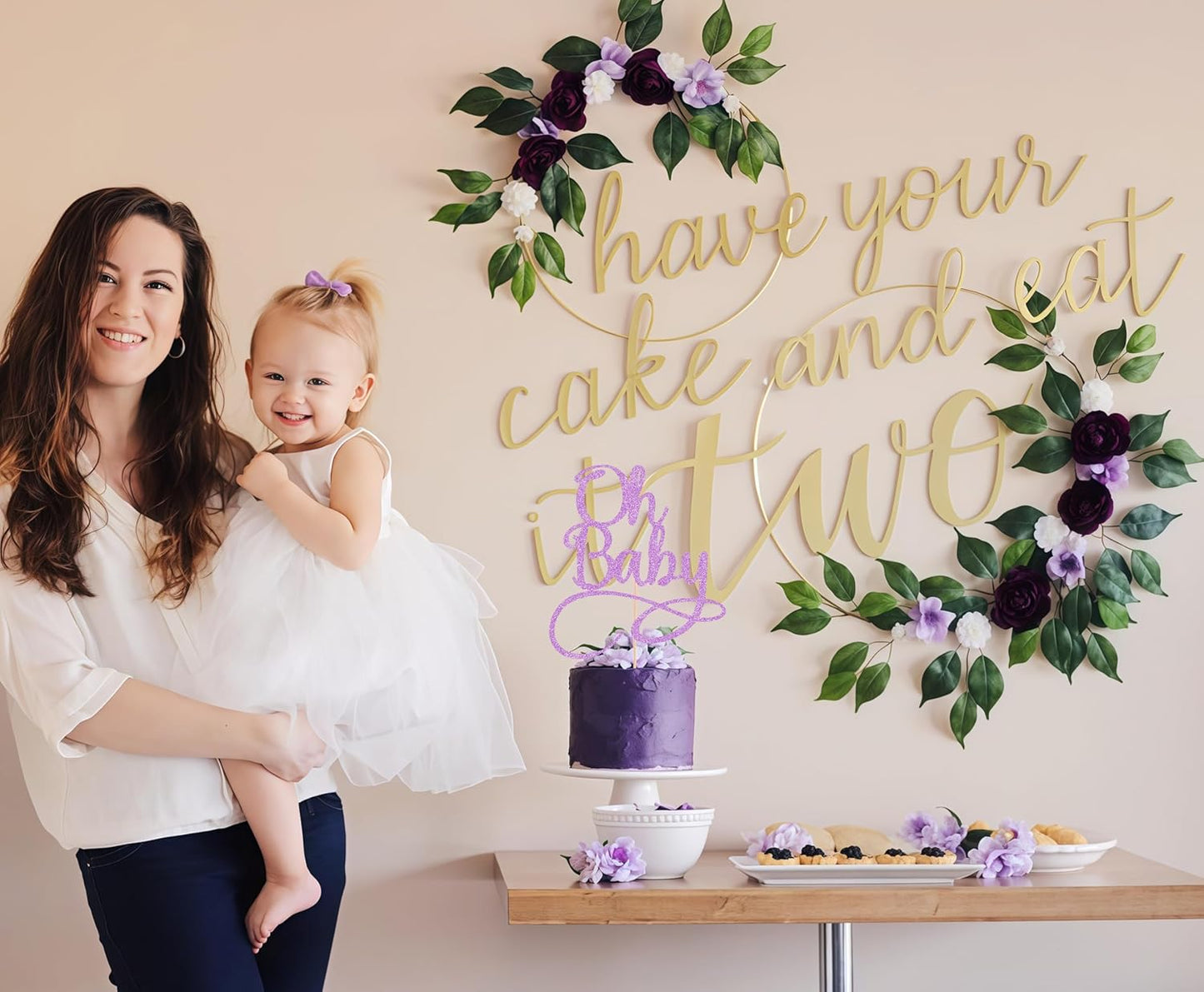 Oh Baby Cake Topper - Purple Glitter Baby Birthday Party Cake Decoration Supplies, for Baby Shower/Gender Reveal Party Photo Booth Props