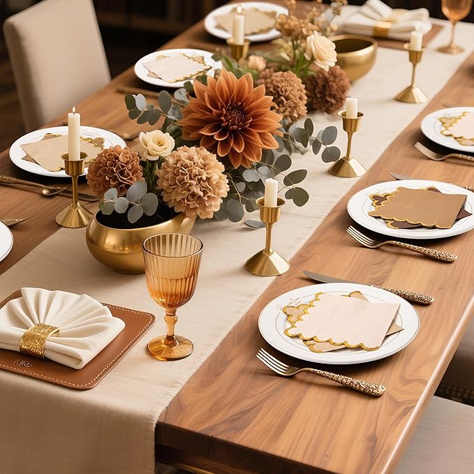 100 Pcs Brown Scalloped Napkins with Gold Foil Gradient Color Cocktail Napkin Folded 5 x 5 Beverage Napkins Disposable Paper Napkins for Birthday Party Supplies