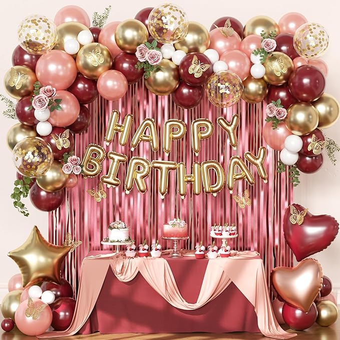 Burgundy Birthday Decorations for Women, Maroon Metallic Rose Gold White Gold Foil Confetti Balloons Happy birthday Banner Gold Butterfly Fringe Curtains Birthday Decorations for Women Girls